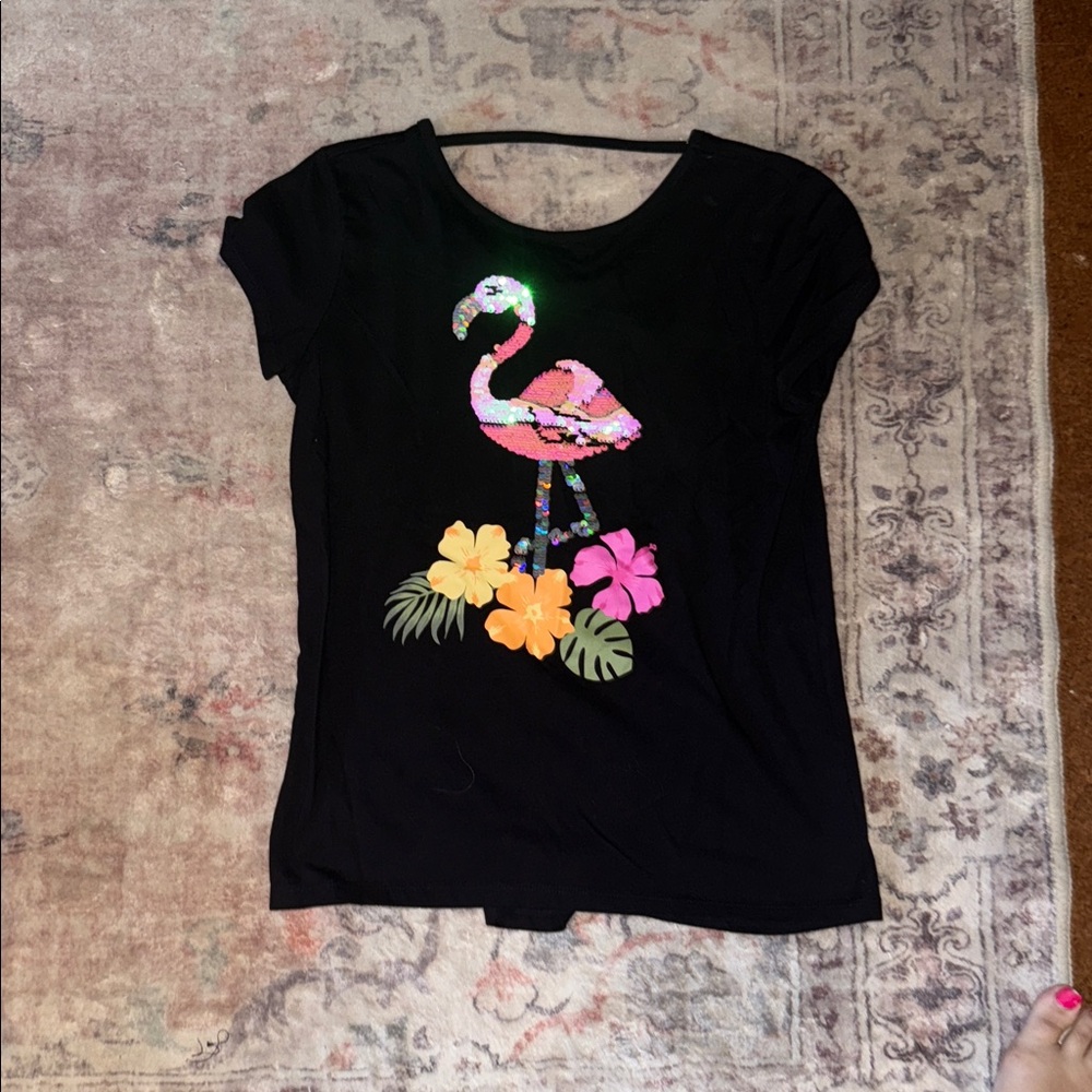 Place Black Tee with Sequin Flamingo Design